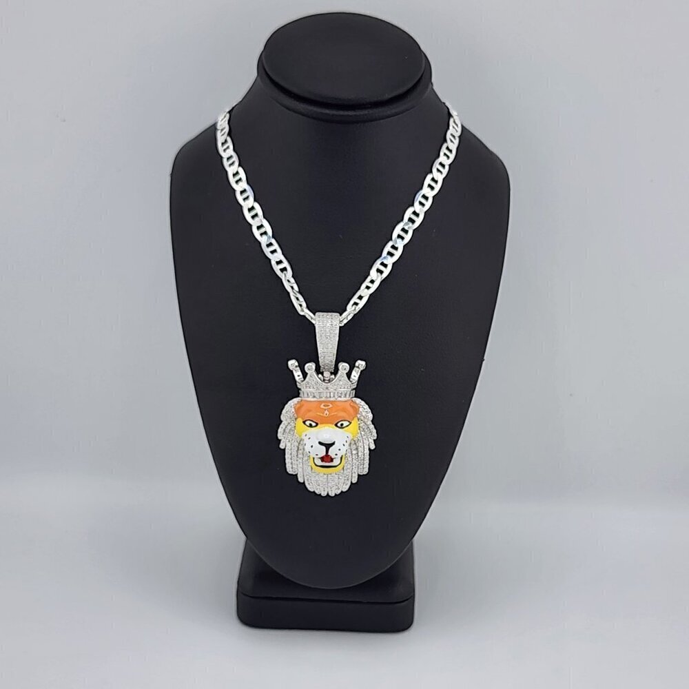 Brand New Sterling Silver 925 Lion Face W/ Crown Necklace